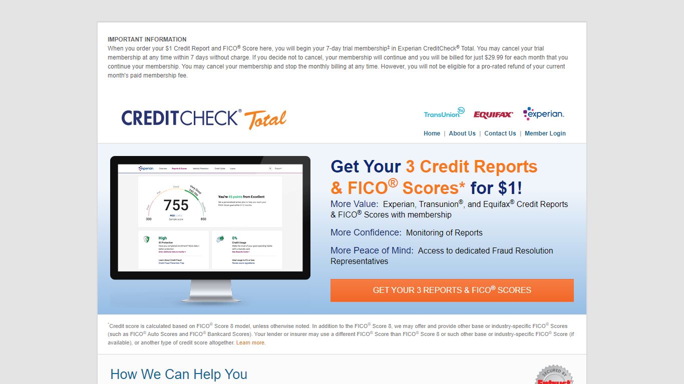 creditchecktotal.com: Get All 3 Credit Reports & FICO Scores for $1